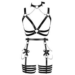 BANSSGOTH Damen Harness Leder Body Chain Bowknot Dessous Strumpfgürtel Set Aushöhlen Weihnachten Tanz Mode Kleidung (Schwarz) von BANSSGOTH