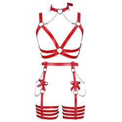 BANSSGOTH Damen Harness Leder Body Chain Bowknot Dessous Strumpfgürtel Set Aushöhlen Weihnachten Tanz Mode Kleidung (rot) von BANSSGOTH