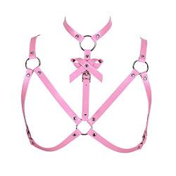 BANSSGOTH Damen Leder Punk Gothic BH Body Harness BHS Schleife zum Aushöhlen Gürtel Tops Halloween Rave Kleidung (Rosa) von BANSSGOTH