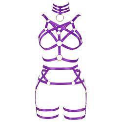 BANSSGOTH Frauen Body Harness Strumpfband Gürtel Verstellbare Größe Hosenträger Bein Taille Riemen Aushöhlen Dessous Set Rave Goth Punk (Lila) von BANSSGOTH