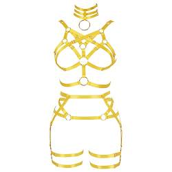 BANSSGOTH Frauen Body Harness Strumpfband Gürtel Verstellbare Größe Hosenträger Bein Taille Riemen Aushöhlen Dessous Set Rave Goth Punk (Orange Gelb) von BANSSGOTH