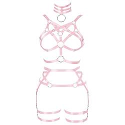 BANSSGOTH Frauen Body Harness Strumpfband Gürtel Verstellbare Größe Hosenträger Bein Taille Riemen Aushöhlen Dessous Set Rave Goth Punk (Rosa) von BANSSGOTH