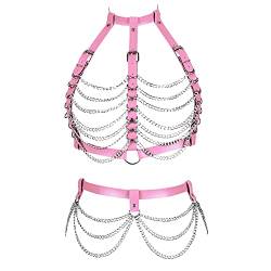 BANSSGOTH Punk Body Chain Full Cage Harness BH für Frauen PU Leder Aushöhlen Dessous Strumpfgürtel Set Halloween Rave Kleidung (Rosa) von BANSSGOTH