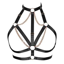 Damen Body Harness BH Hohl Punk Metallkette BH Gothic Fashion Full Cage Aushöhlen Gothic Halloween Rave Kleidung (Schwarzes Gold) von BANSSGOTH