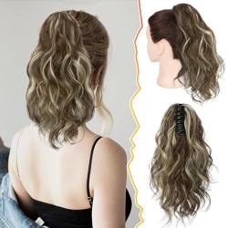 BARSDAR 35 CM Kurzes Wellig Pferdeschwanz Extension, Klaue Clip Lockig Highlight Pferdeschwanz Haarextension Synthetik Dick Clip Haarverlängerung Haarteil für Frauen(Mittel Braun & Blond) von BARSDAR