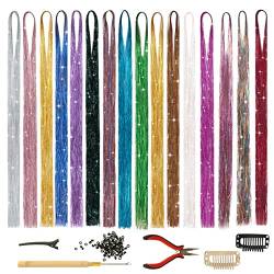 BARSDAR Haar Lametta Kit mit Werkzeug, 16 Farben 16 Stück 3200 Stränge Glänzende Lametta Haarverlängerungen Fairy Glitter Funkelndes Haar für Frauen Bunte Haar-Highlights für Halloween Cosplay Party von BARSDAR