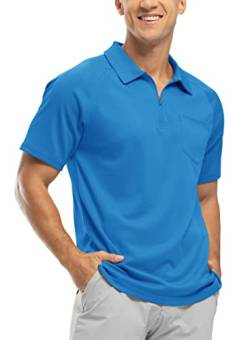 BASUDAM Herren-Polo-Shirts mit Reißverschluss, schnelltrocknend, kurzärmelig, sportlich, Outdoor, mit Tasche, Blau (Azure), XL von BASUDAM