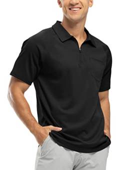 BASUDAM Herren-Polo-Shirts mit Reißverschluss, schnelltrocknend, kurzärmelig, sportlich, Outdoor, mit Tasche, Schwarz, XL von BASUDAM