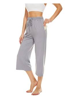 BATHRINS Damen Freizeithose 3/4 Hose Jogginghose Sommer Loose Bequeme Weitem Bein Sweathose Hausehose Sporthose mit Taschen und Verstellbarem Kordelzug(Hellgrau,M) von BATHRINS