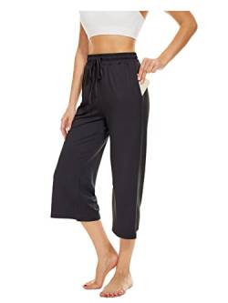 BATHRINS Damen Freizeithose 3/4 Hose Jogginghose Sommer Loose Bequeme Weitem Bein Sweathose Hausehose Sporthose mit Taschen und Verstellbarem Kordelzug(Schwarz,L) von BATHRINS