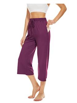 BATHRINS Damen Freizeithose 3/4 Hose Jogginghose Sommer Loose Bequeme Weitem Bein Sweathose Hausehose Sporthose mit Taschen und Verstellbarem Kordelzug(Traube Lila,L) von BATHRINS