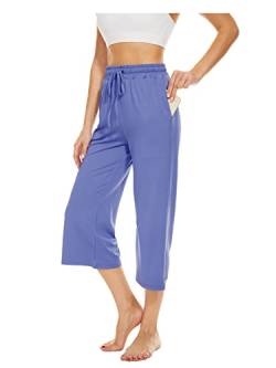 BATHRINS Damen Freizeithose 3/4 Hose Jogginghose Sommer Loose Bequeme Weitem Bein Sweathose Hausehose Sporthose mit Taschen und Verstellbarem Kordelzug (Blau, M) von BATHRINS