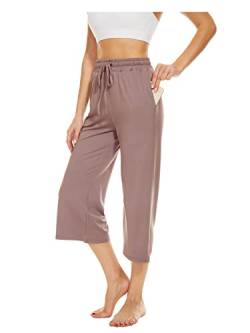 BATHRINS Damen Freizeithose 3/4 Hose Jogginghose Sommer Loose Bequeme Weitem Bein Sweathose Hausehose Sporthose mit Taschen und Verstellbarem Kordelzug (Dunkelpink, XL) von BATHRINS