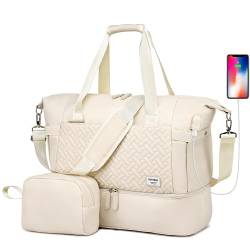 Reisetasche für Damen, Wochenendtasche mit Schuhfach, Sporttaschen mit USB-Ladeanschluss, Reisetasche mit Trolleyhülle, Beige von BAVERGE