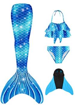 BAWADE Meerjungfrauenflosse Mädchen Meerjungfrau Flosse mit Bikini Setfür Kinder und Monoflosse（4 Stück） von BAWADE