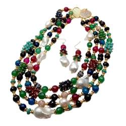 BAWHO 4 Stränge mehrfarbiges Achat-Jade-Set mit weißen Keshi-Perlen und türkisfarbenen Pavé-Halsketten-Ohrringen QINTINYIN von BAWHO