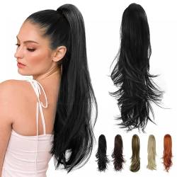 56cm Pferdeschwanz Haarteil Ponytail Zopf, Ponytail Extension Pferdeschwanz Haarteil mit Butterfly-Klammer, Haarverlängerung Clip in Extensions Hair Piece Voluminös Synthetik Haare Gewellt (1B) von BAWUTZ