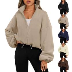 BAWUTZ Damen-Sweatshirt,Keine Kapuzenpullover,Sweatshirt Damen Reißverschluss Stehkragen Oversize Warm Winter Top Sweater,lässig,übergroß,langärmelig,Kordelzug (Khaki,S) von BAWUTZ