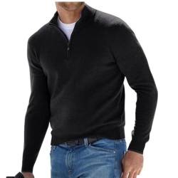 BAWUTZ Herren Kaschmir Reißverschluss Basic Pullover, Herren-Poloshirt, klassisch,Herren-Pullover mit V-Halsausschnitt, langärmelig, weicher Griff, Viertelreißverschluss (Schwarz,L) von BAWUTZ