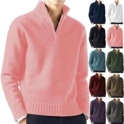 BAWUTZ Pullover Herren Zip up Stehkragen, Herren Komfort Strickpullover Herren Winter 1/4 Zip Pulli Sweater,V Ausschnitt Freizeit Slim fit Solide Basic Männer Pullover (Rosa,L) von BAWUTZ