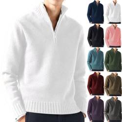 BAWUTZ Pullover Herren Zip up Stehkragen, Herren Komfort Strickpullover Herren Winter 1/4 Zip Pulli Sweater,V Ausschnitt Freizeit Slim fit Solide Basic Männer Pullover (Weiß,XXL) von BAWUTZ