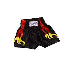 BAY® "Flame Desinger Thaiboxhose, L, Thaiboxshort, Hose Short Thaiboxen Muay Thai, Satin, schwarz,rot,Gold/gelb, Größe L von BAY