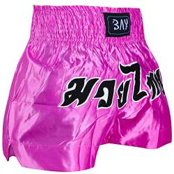 BAY® REMY pink XXL mit traditioneller Thaischrift, Thaiboxhose, Thaiboxshort, Hose Short Thaiboxen Muay Thai, Satin, pink, rosa, schwarz, Größe XXL von BAY