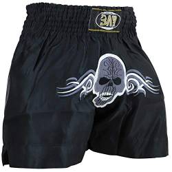 BAY® "Skull Desinger Totenkopf Thaiboxhose, Thaiboxshort, Hose Short Thaiboxen Muay Thai, Satin, schwarz, Größe M von BAY