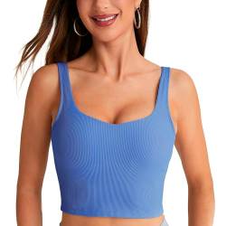 BAYDI Damen Sport BH ohne Buegel Langlinie Bustier Gepolstert Crop Top Gerippte Yoga Fitness Soft Bra mit Abnehmbaren Cups Blau von BAYDI