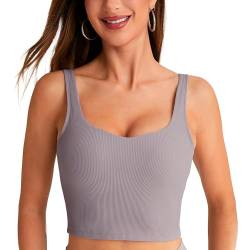 BAYDI Damen Sport BH ohne Buegel Langlinie Bustier Gepolstert Crop Top Gerippte Yoga Fitness Soft Bra mit Abnehmbaren Cups Grau von BAYDI