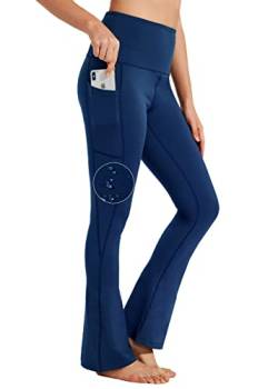 BAYGE Damen Bootcut Yogahose Hohe Taille Wasserdicht Blickdicht Bauchkontrolle Slim Fit Leggings Sporthose Schlaghose Sweathose Fitnesshose mit Taschen, Blau, L von BAYGE