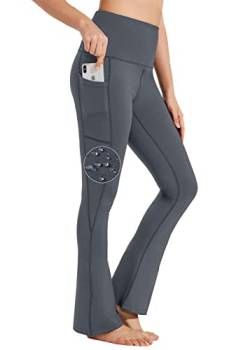 BAYGE Damen Bootcut Yogahose Hohe Taille Wasserdicht Blickdicht Bauchkontrolle Slim Fit Leggings Sporthose Schlaghose Sweathose Fitnesshose mit Taschen, Grau, S von BAYGE