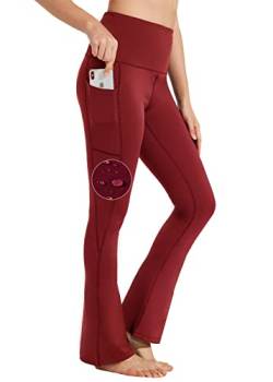 BAYGE Damen Bootcut Yogahose Hohe Taille Wasserdicht Blickdicht Bauchkontrolle Slim Fit Leggings Sporthose Schlaghose Sweathose Fitnesshose mit Taschen, Rot, L von BAYGE