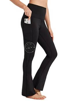 BAYGE Damen Bootcut Yogahose Hohe Taille Wasserdicht Blickdicht Bauchkontrolle Slim Fit Leggings Sporthose Schlaghose Sweathose Fitnesshose mit Taschen, Schwarz, S von BAYGE