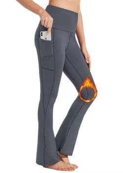 BAYGE Damen Thermo Bootcut Yogahose Winter Hohe Taille Fleece Gefüttert Wasserdicht Blickdicht Bauchkontrolle Slim Fit Leggings Sporthose Schlaghose Sweathose Fitnesshose mit Taschen, Grau, XL von BAYGE