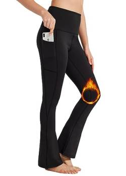 BAYGE Damen Thermo Bootcut Yogahose Winter Hohe Taille Fleece Gefüttert Wasserdicht Blickdicht Bauchkontrolle Slim Fit Leggings Sporthose Schlaghose Sweathose Fitnesshose mit Taschen, Schwarz, XL von BAYGE