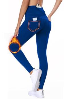 BAYGE Damen Thermo Leggings Winter Fleece Gefüttert Hight Waist Wasserdicht Blickdicht Slim Fit Jeggings Yogahose Wanderhose Sporthose Strumpfhose Sweathose mit Taschen, Blau, L von BAYGE