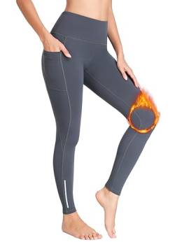 BAYGE Damen Thermo Sport Leggings Winter Hohe Taille Fleece Gefüttert Wasserdicht Blickdicht Bauchkontrolle Slim Fit Radlerhose Yogahose Wanderhose Sporthose Sweathose mit Taschen, Grau, XL von BAYGE