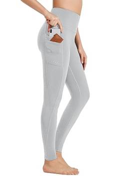 BAYGE Damen Thermo Sport Leggings Winter Hohe Taille Fleece Gefüttert Wasserdicht Blickdicht Bauchkontrolle Slim Fit Yogahose Thermo Sporthose Sweathose Fitnesshose mit Taschen, Hellgrau, XXL von BAYGE