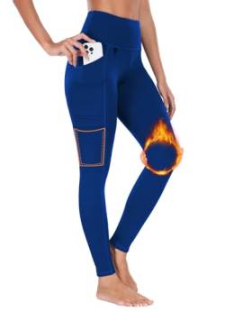 BAYGE Damen Thermo Wander Leggings Winter Hohe Taille Fleece Gefüttert Wasserdicht Blickdicht Bauchkontrolle Slim Fit Wanderhose Yogahose Radlerhose Sporthose Sweathose mit Taschen, Blau, L von BAYGE