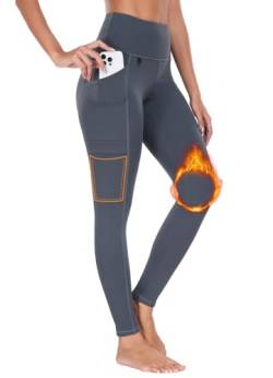 BAYGE Damen Thermo Wander Leggings Winter Hohe Taille Fleece Gefüttert Wasserdicht Blickdicht Bauchkontrolle Slim Fit Wanderhose Yogahose Radlerhose Sporthose Sweathose mit Taschen, Grau, M von BAYGE