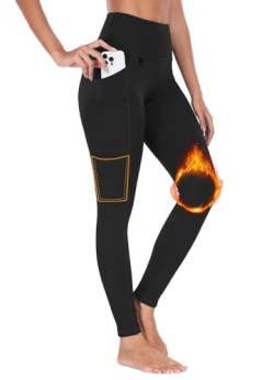 BAYGE Damen Thermo Wander Leggings Winter Hohe Taille Fleece Gefüttert Wasserdicht Blickdicht Bauchkontrolle Slim Fit Wanderhose Yogahose Radlerhose Sporthose Sweathose mit Taschen, Schwarz, S von BAYGE