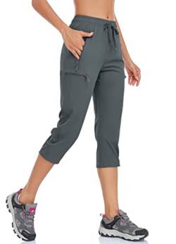 BAYGE Damen Wanderhose Sommer Leicht 3/4 Trekkinghose Outdoorhose Atmungsaktiv Schnell Trocknend Wasserdicht Winddicht Funktionshose mit reißverschlusstaschen, Grau, XS von BAYGE