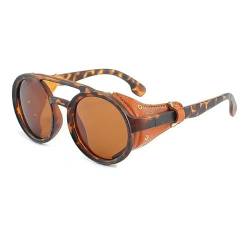 Sonnenbrille Steampunk Sonnenbrille Männer Frauen Sonnenbrille Mit Seiten Leder Rundgläser Punk Uv400 Objektive-Leopard Brown von BBAUER