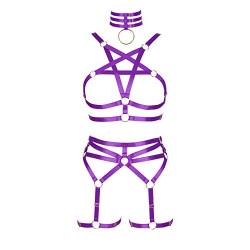 BBOHSS Damen Body Harness Pentagramm BH Set Punk Strumpfband Bein Taille Tanz Elastic Gothic Carnival Zubehör (lila) von BBOHSS