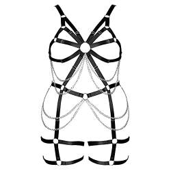 BBOHSS Damen Body Harness Plus Size Strumpfhalter Full Cage Aushöhlen Rahmen Riemchenstrümpfe BH Set Punk Gothic Rave Kostüm (Schwarz) von BBOHSS