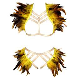 BBOHSS Damen Feder Body Harness Geschirr Epaulets Wings Punk Epaulets Gothic Karneval High Waist Strumpfband Halloween Kostüm Zubehör (Gelb) von BBOHSS