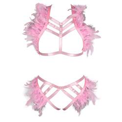 BBOHSS Damen Feder Body Harness Geschirr Epaulets Wings Punk Epaulets Gothic Karneval High Waist Strumpfband Halloween Kostüm Zubehör (Rosa) von BBOHSS