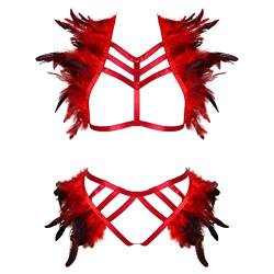 BBOHSS Damen Feder Body Harness Geschirr Epaulets Wings Punk Epaulets Gothic Karneval High Waist Strumpfband Halloween Kostüm Zubehör (Weinrot) von BBOHSS