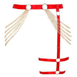 BBOHSS Damen Körper Harness Bein Strumpfband Gürtel Plus Größe Metallkette Punk Strumpfband Gothic Karneval Halloween Party Kostüm (Rot+Gold) von BBOHSS